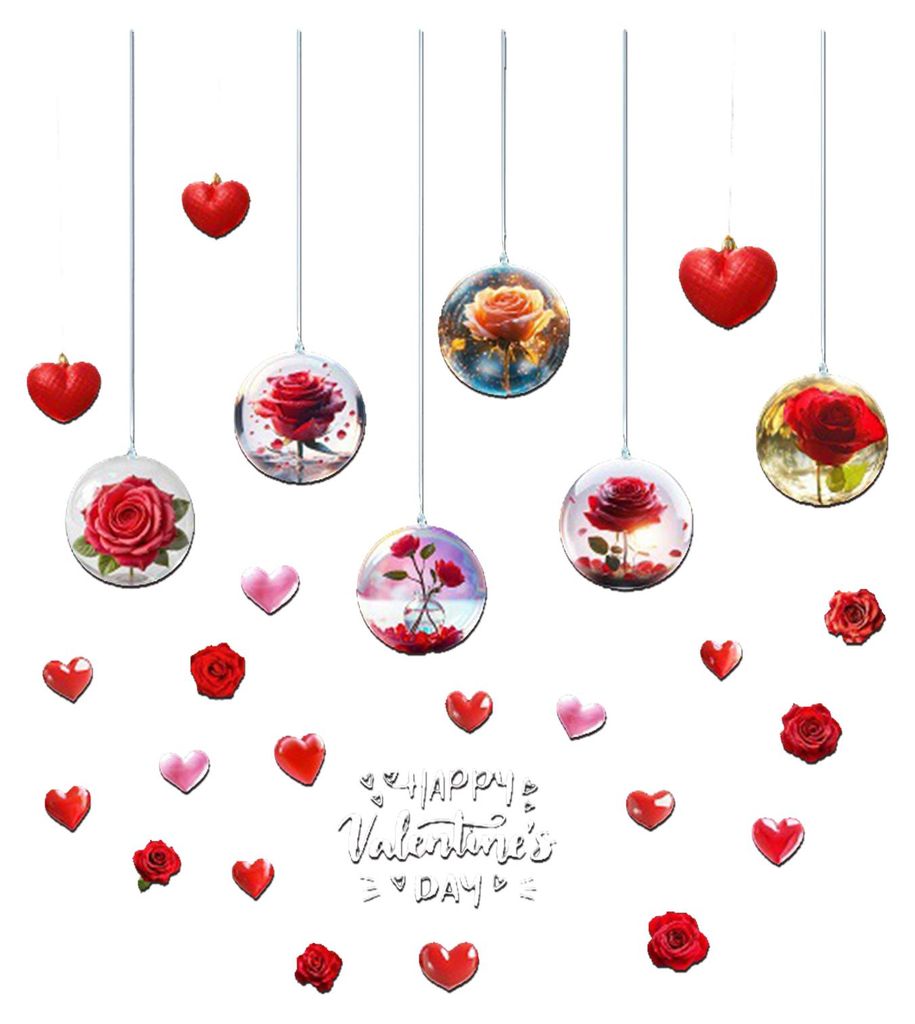 Valentinstag Fensteraufkleber, abnehmbar, wasserfest, PVC, Rosenblume, Liebesherz, statisch haftend, Glasaufkleber, Dekoration für Feiertage und P...