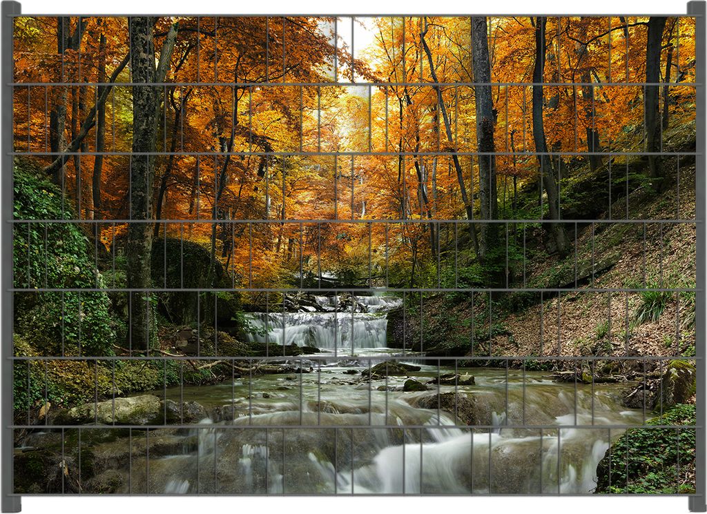 Wallario Zaunsichtschutz mit Motiv Kleiner Bach über Steine im Herbstwald für Ein- und Doppelstabmatten Zäune in der Größe 200 x 140 cm