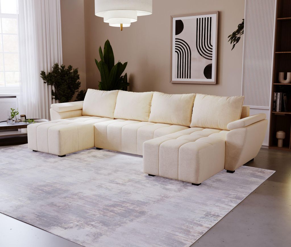 BEDANTE Ecksofa ZEUS U Monolith 02 Beige mit Schlaffunktion U-Form Sofa mit Stauraum Bettkasten Wohnzimmersofa Couch Sofa Bettsofa Bettkasten Bettc...