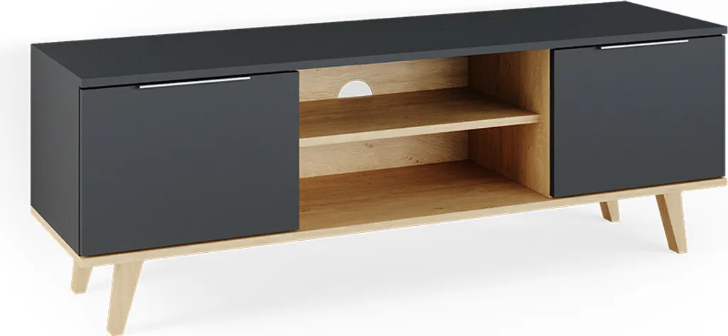 Banc TV bas gris anthracite avec rangements pour décodeur et console