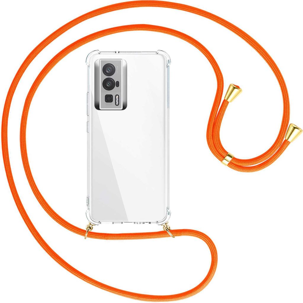 Handykette Backcover-Schutzhülle mit Band (Metall goldfarben) für Xiaomi Poco F5 Pro (6.67'') - neonorange