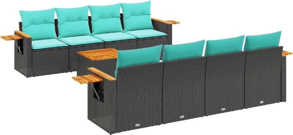 9-tlg. Garten-Sofagarnitur mit Kissen Schwarz Poly Rattan