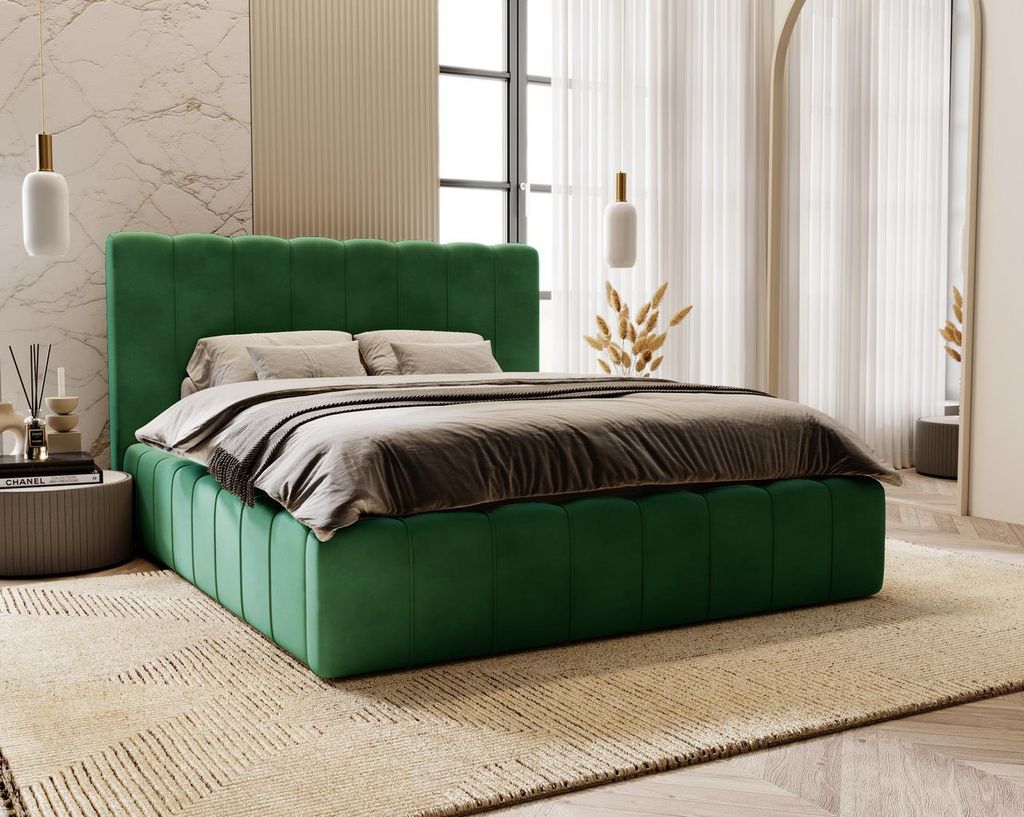 Doppelbett 160x200 cm Lisbon - Schlafzimmerbett mit Metall Lattenrost, Samt - Modern Design, Grün