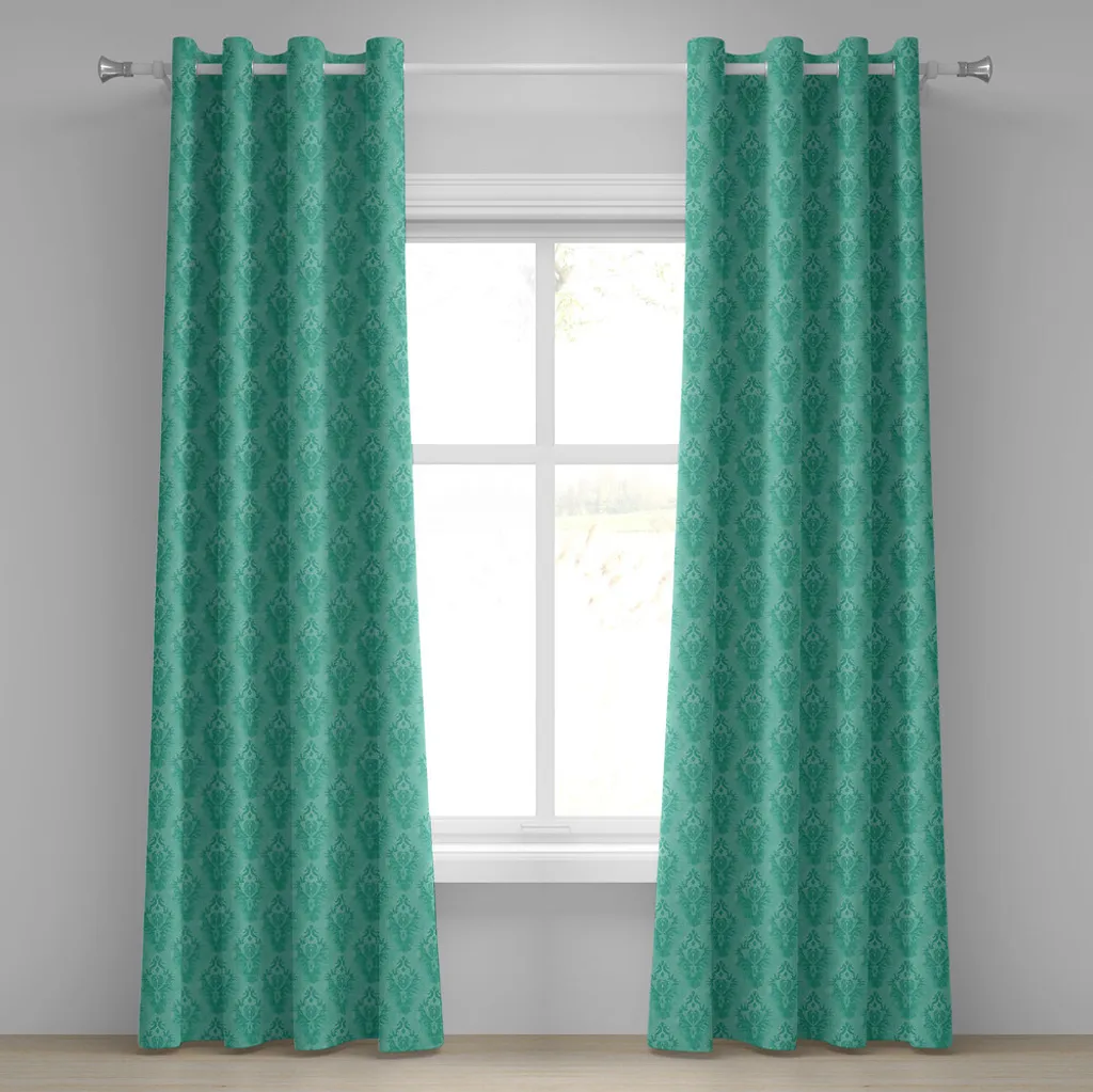 Rideau Damas Vert Océan avec Motifs Floraux et Finition Grungy