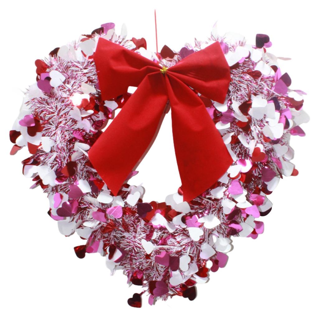 Herzförmiger Lametta-Türkranz mit Schleife, Valentinstag, rot-rosa Herzkranz, auch geeignet für Hochzeitsfeiern, Jubiläen und als Wanddekoration.
