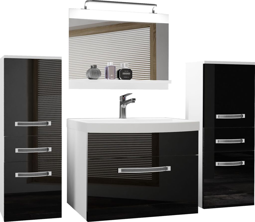 BELINI Badmöbel Vollausstattung Set Waschbeckenschrank, 2x kleiner Schrank, Waschbecken, Spiegel, Lampe (Schwarz, Glänzend)