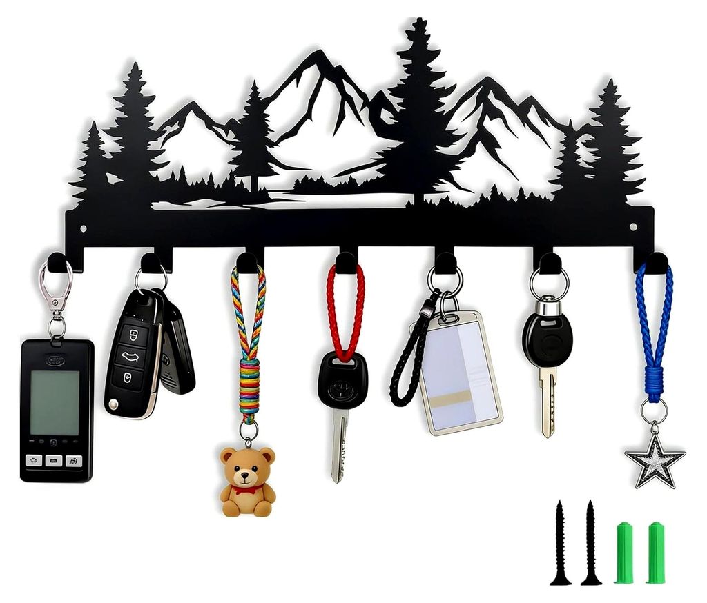 Schlüsselbrett Modern im Bergdesign mit 7 Haken, schwarze Schlüsselleiste für Eingangsbereich, Küche und Schlafzimmer