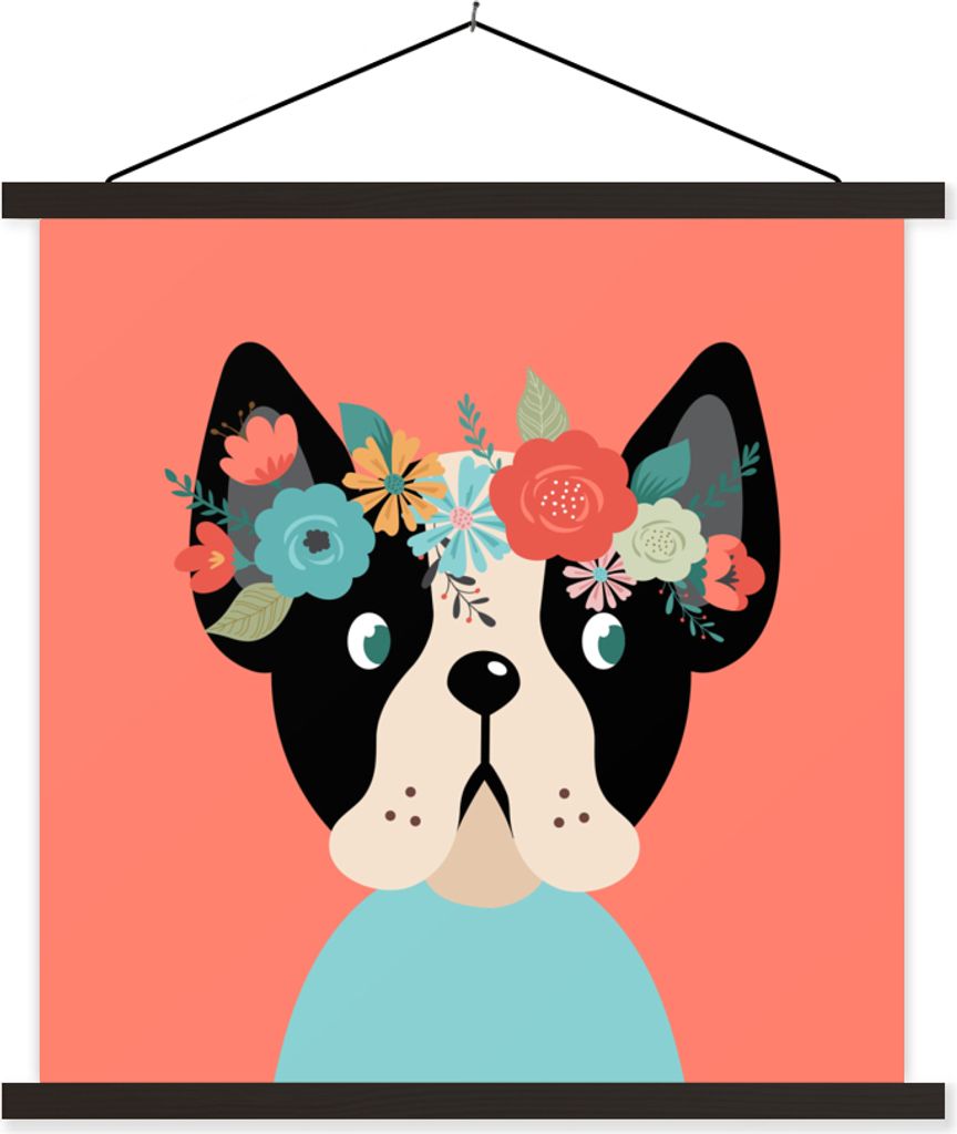 MuchoWow Textilposter Hund - Blumen - Rosa 40x40 cm mit schwarzem Rahmen - Fotos