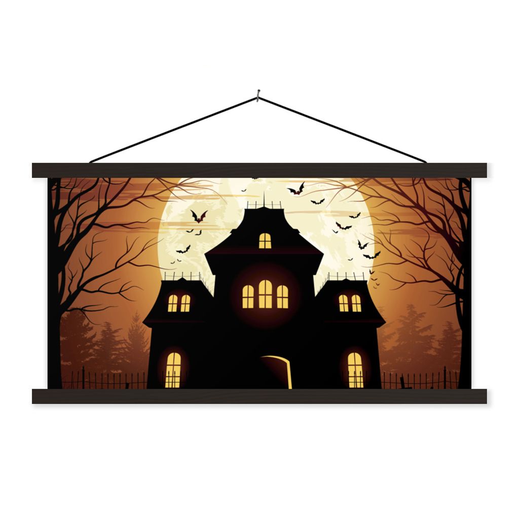 MuchoWow Textilposter Ein gespenstisches und einsames Haus während Halloween in einer Illustration 60x30 cm mit schwarzem Rahmen - Textilien