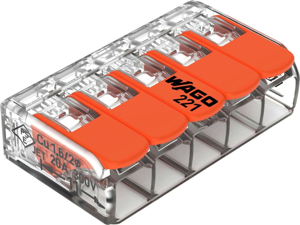 Wago Verbindungsklemme 5-polig Compact mit Hebel transparent 221-415