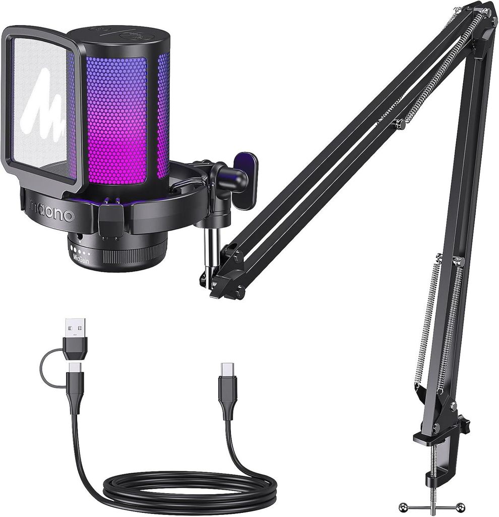 Gaming Mikrofon Schwarz USB für PC, PS4/PS5, Streaming, Podcast, YouTube, Twitch, Discord, Kondensator mit RGB-Licht, Mute, Gain, Überwachung