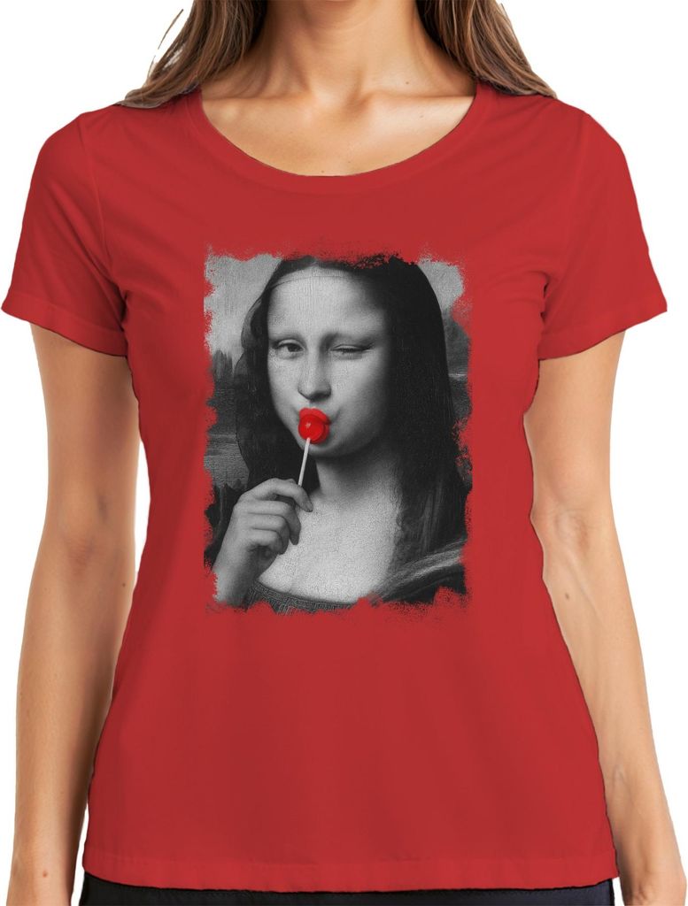Mona Lisa Lutscher Pop Art Renaissance Parodie Retro Vintage Cool Damen T-Shirt, Rot, 3XL