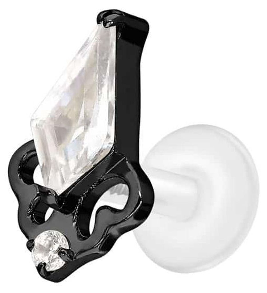 Ohrpiercing, Nasenpiercing PTFE Labret mit Innengewinde + Titan-Aufsatz KRISTALLSCHILD Schwarz Stablänge: 5mm | Stabstärke: 1,2mm