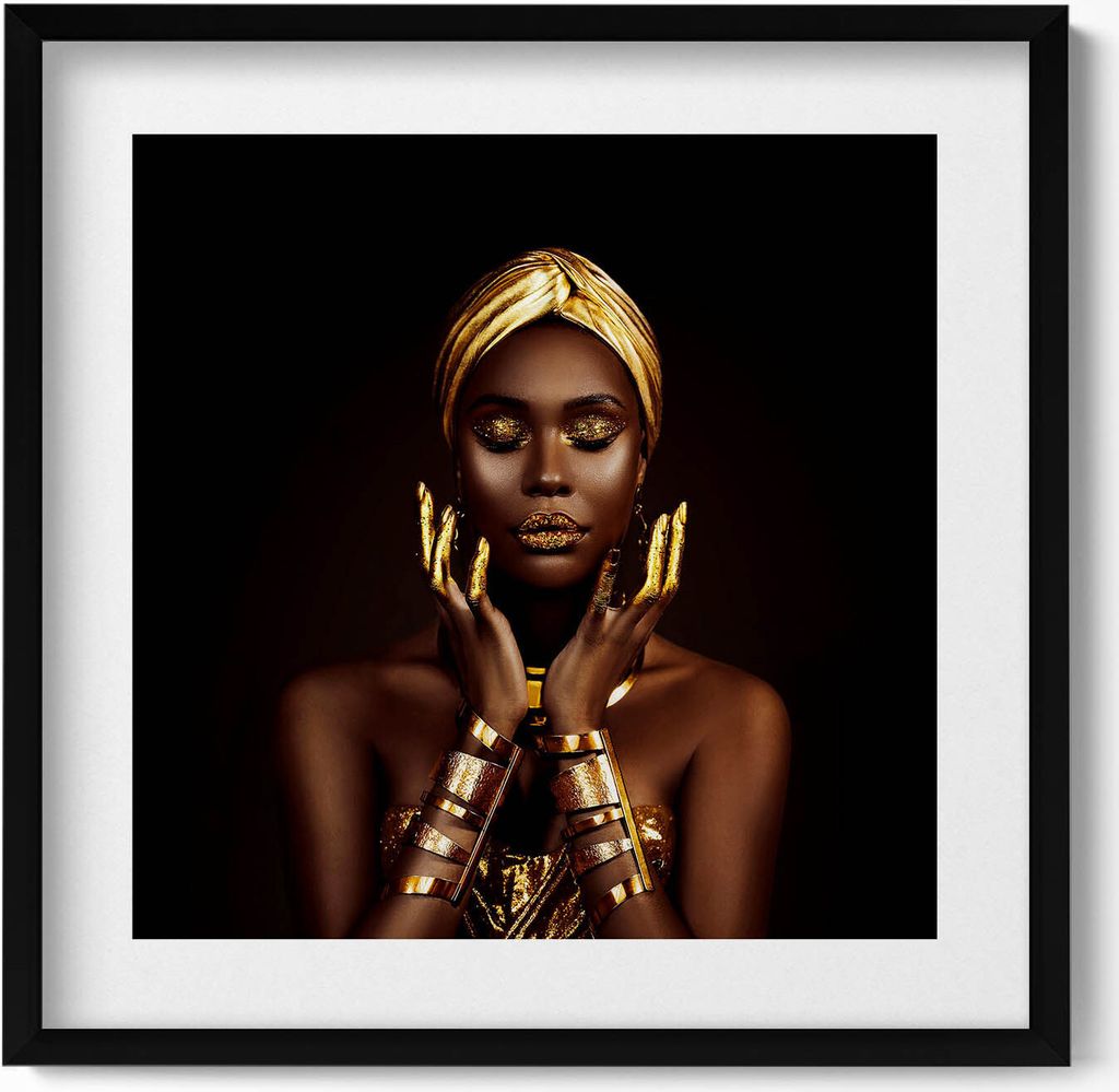 Porträt einer afrikanischen Frau in Gold– Wandbild mit Rahmen – Gerahmtes Bild – Wanddekoration – 50x50 cm – Schwarz Rahmen