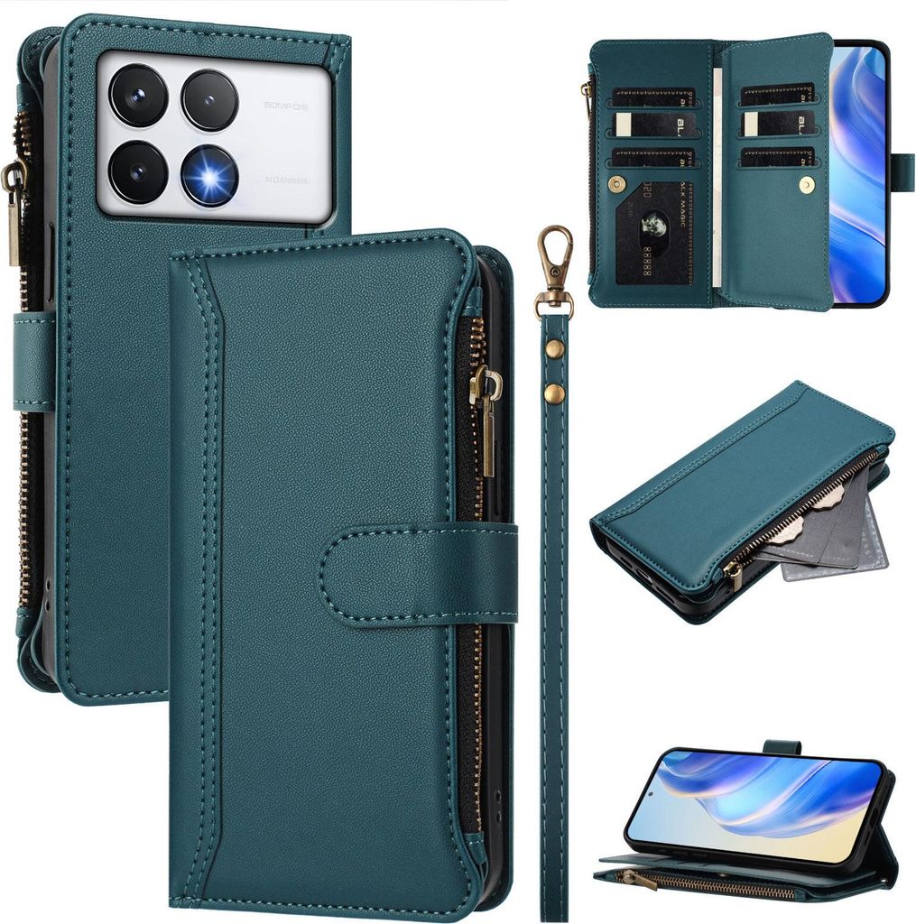 Handyhülle für Xiaomi Redmi K70/K70 Pro/Poco F6 Pro Reißverschluss Geldbörse Kunstleder Klapphülle mit Kartensteckplatz, Ständer, Handschlauf...