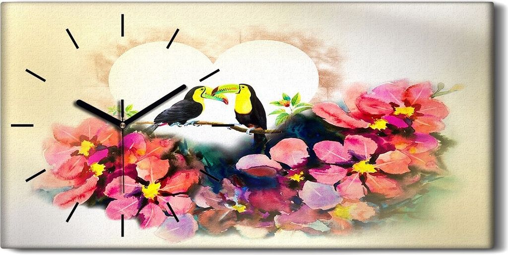 Dekor Leinwand Uhr Wandbilder 60x30 Gemälde Abstrakte Blumen Vögel Tukan Herz - schwarze Hände