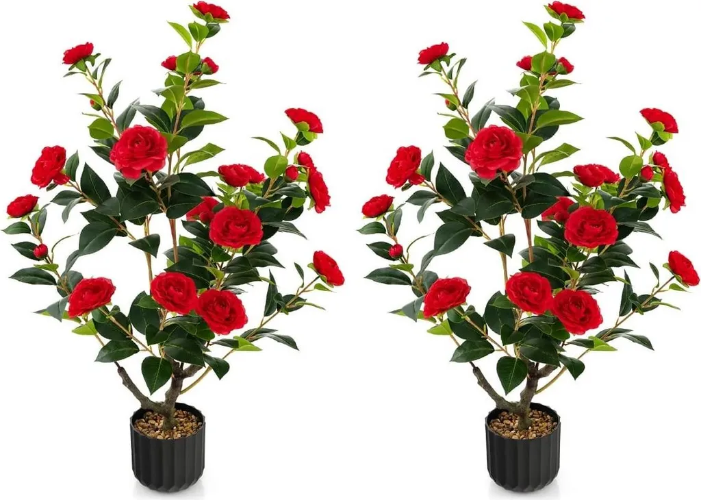 Déco florale camélia artificiel rouge 95 cm - Idéal pour salon et hall