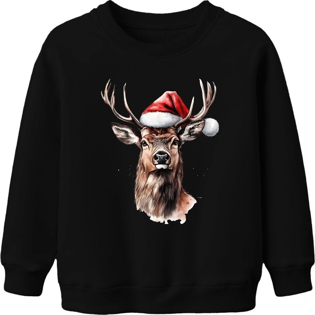 Rentier Santa Geweih Weihnachten Aquarell Geschenk Vintage Lustig Uni Kinder Sweatshirt Pullover, Schwarz, 116