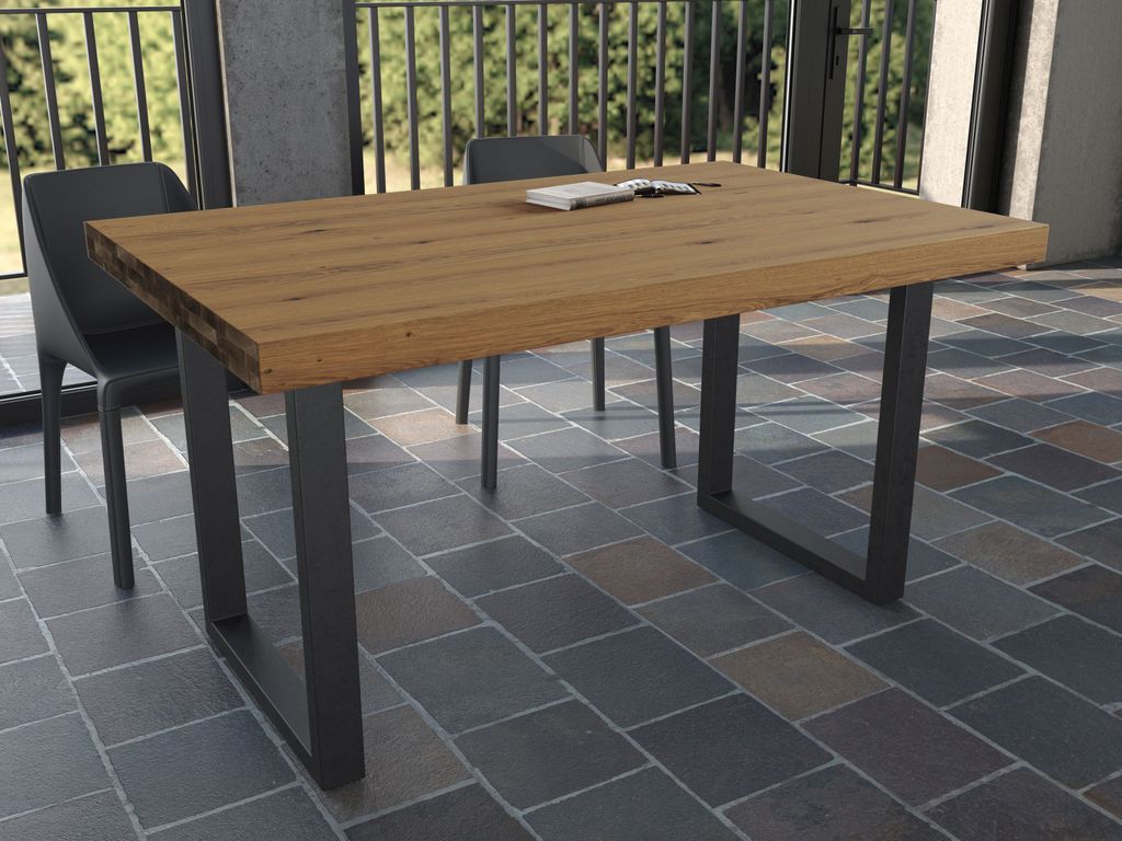 Antonio OSTIN Esstisch Massivholz, Braun&Schwarz, 220x100x75cm, U-Form Metallgestell, Küchentisch, Handgefertigt, Holzqualität-Rustikal, Industrie