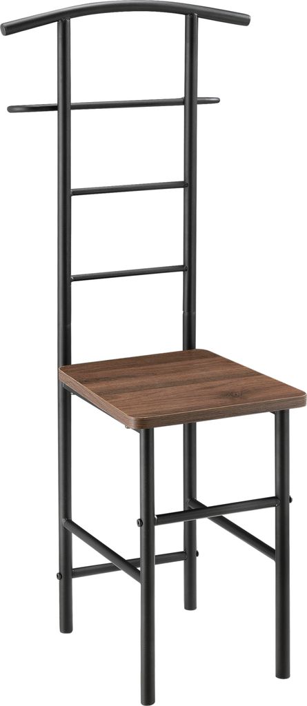 A freestanding valet stand with a wooden seat and metal frame.
