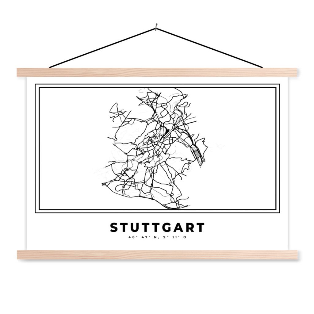 MuchoWow Textilposter Stadtplan - Deutschland - Schwarz und weiß - Stuttgart - Karte 60x40 cm mit holzfarbenen Rahmen - Bilder