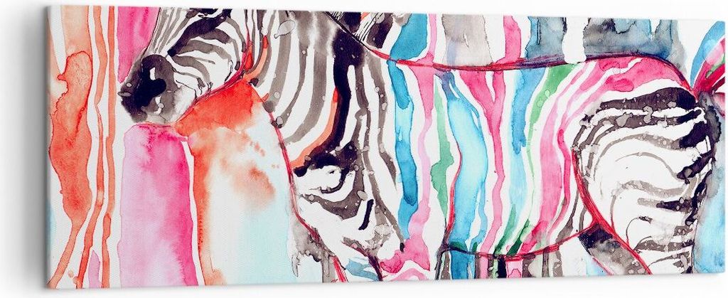 Bild auf Leinwand - Leinwandbild - Zebra Tiere Natur bunte - 140x50cm - Wand Bild - Wanddeko - Leinwanddruck - Bilder - Kunstdruck - Wanddekoration...