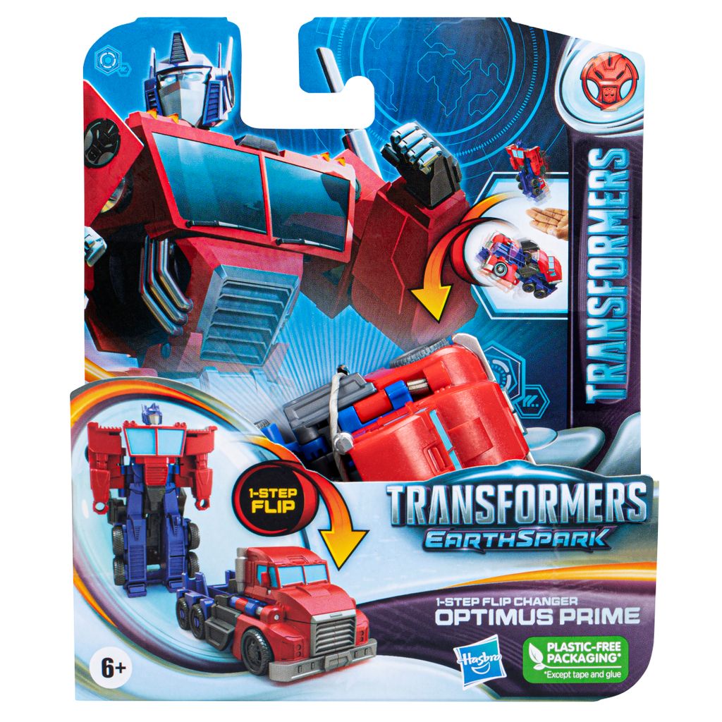 Packaging for a Transformers EarthSpark 1-Step Flip Changer Optimus Prime toy.
