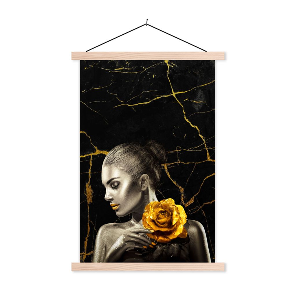 MuchoWow Textilposter Frauen - Rosen - Gold - Marmor 40x60 cm mit holzfarbenen Rahmen - Poster