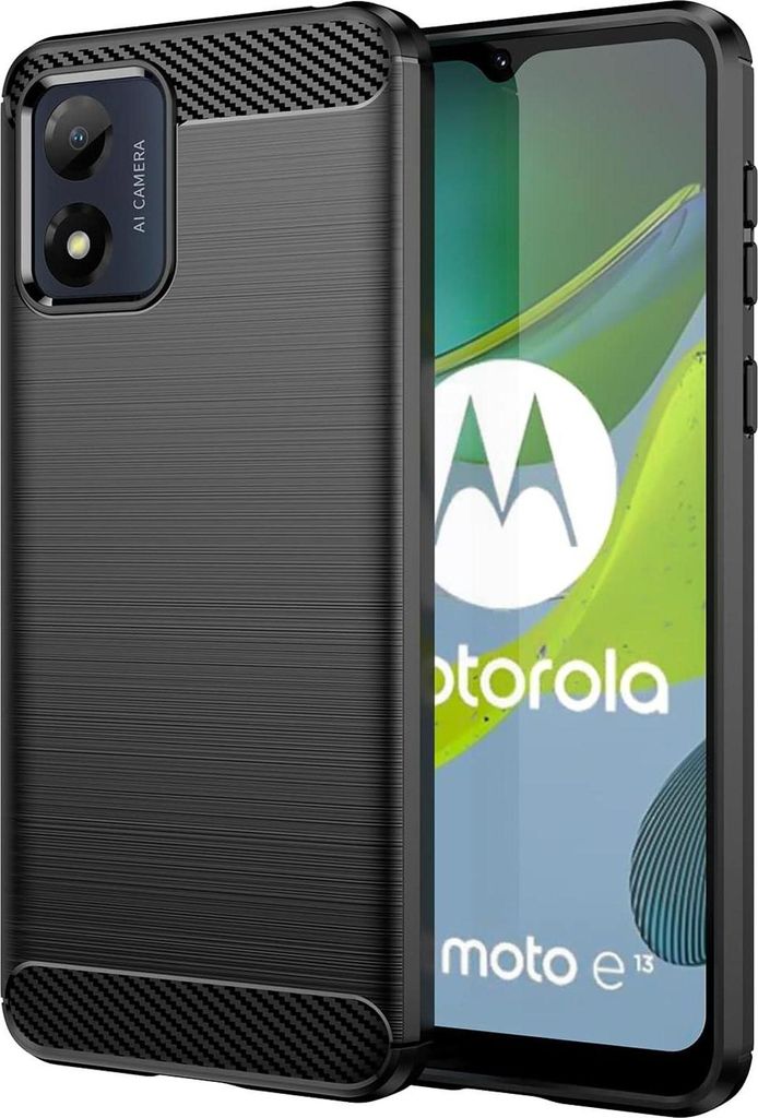 A black phone case is shown next to a Motorola Moto E13 phone.