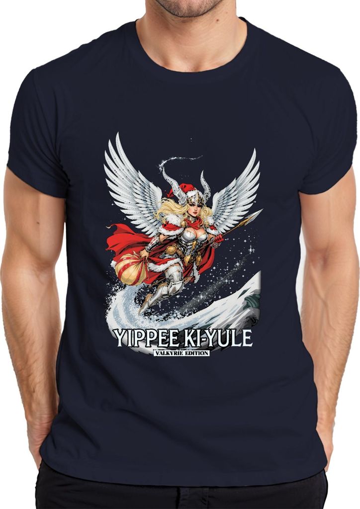 YIPPEE KI-YULE Valkyrie Weihnachten Wikinger Flügel Lustig Herren T-Shirt, Navy, S