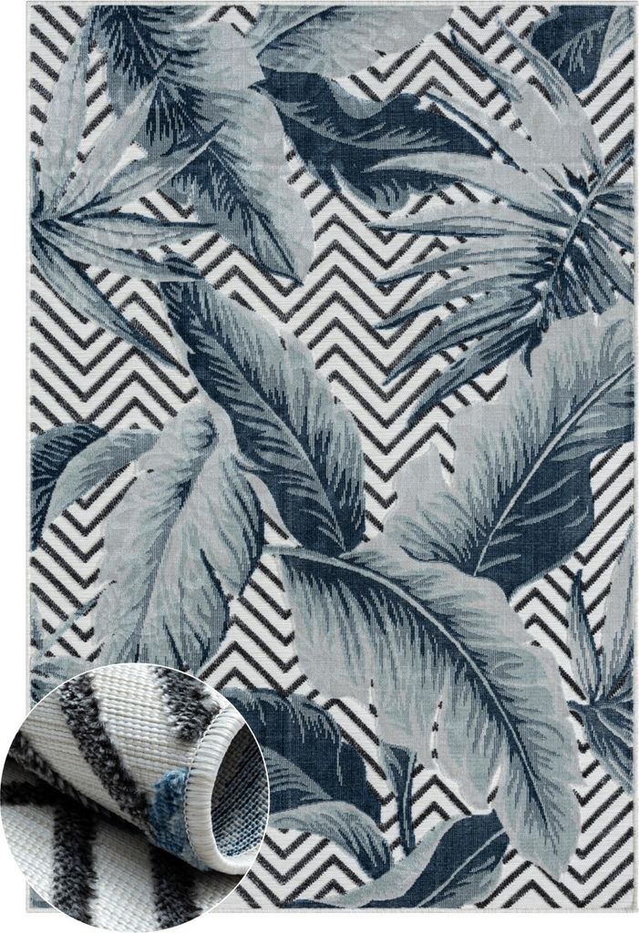 MY-RUG Outdoor-Teppich "Azure" 300X200 cm, blau, mit floralem Hoch-Tief-Design, für gemütliche Stunden draußen