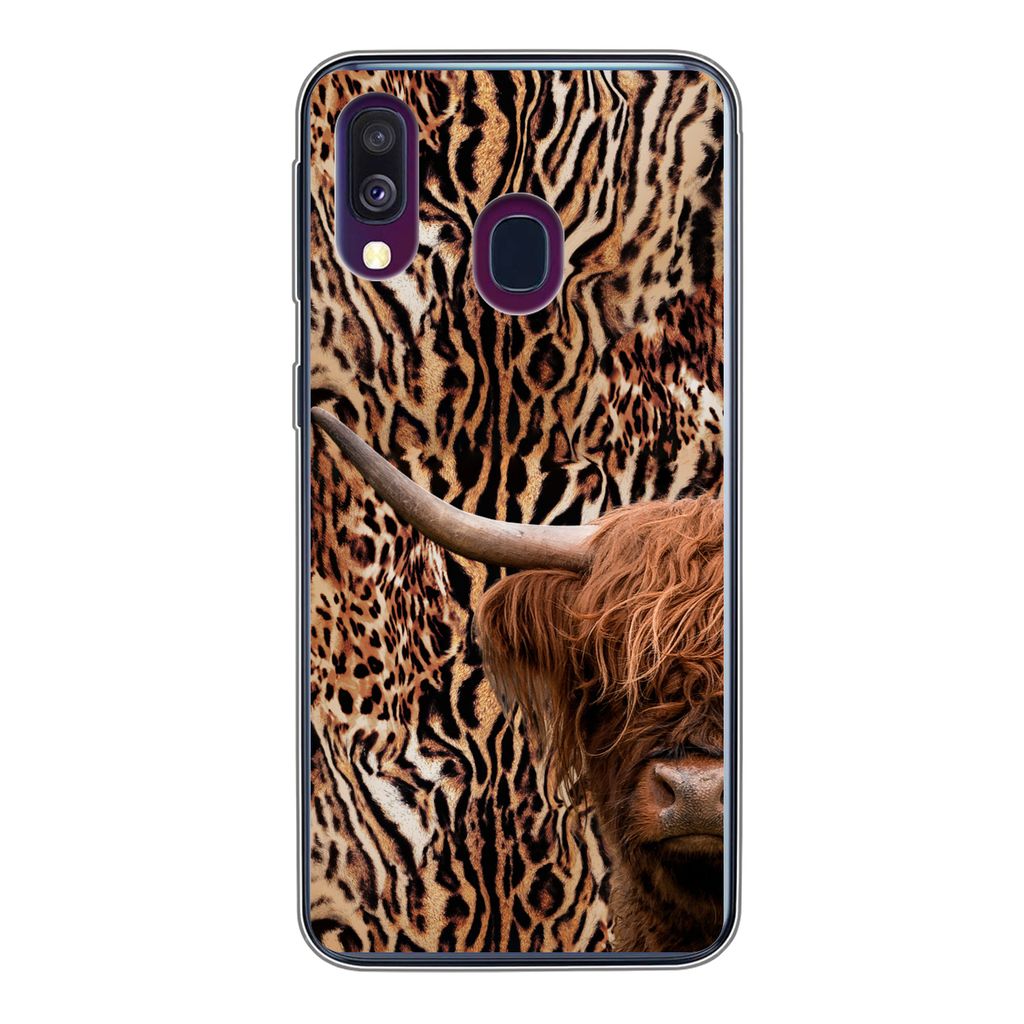 MuchoWow Handyhülle Schutzhülle Hülle für Samsung Galaxy A40 Schottischer Highlander - Kuh - Pantherdruck Silikon Softcase Handy Hülle - Han...