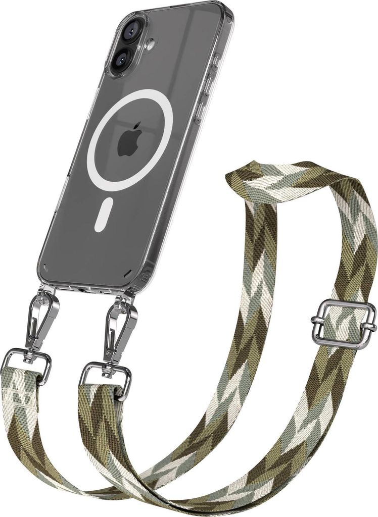 EAZY CASE - Handykette mit MagSafe Hülle für Apple iPhone 16 Plus, Handyband Mix Style, Karabiner Silber, Umhängeband in Grün