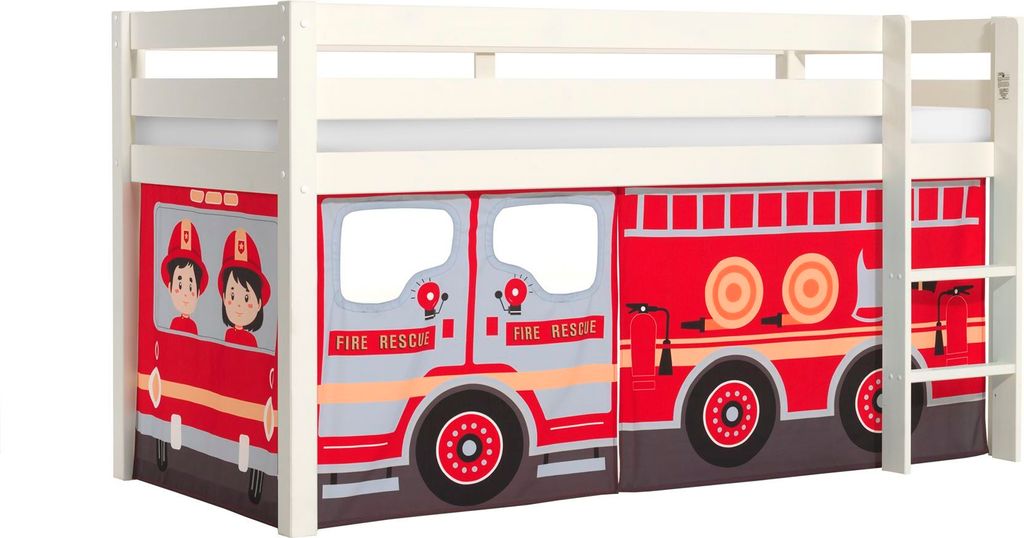 Kinderbett Karolina 210x114x106 Massivholz Weiß Textilset Feuerwehr