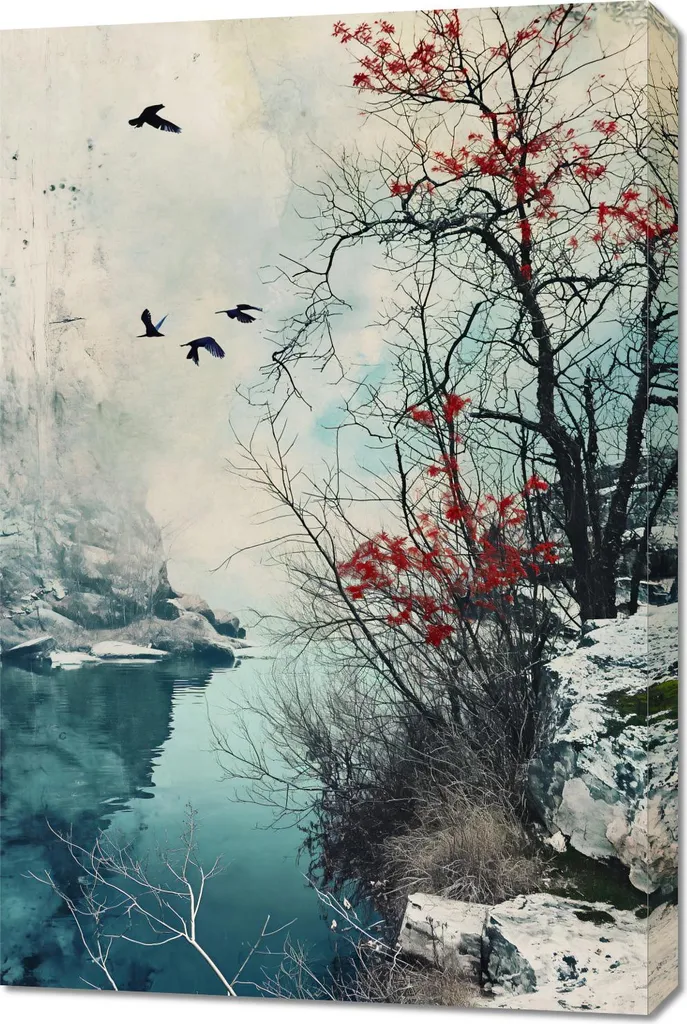 Image 60 x 90 cm Matin d'hiver des oiseaux grand format haute qualité