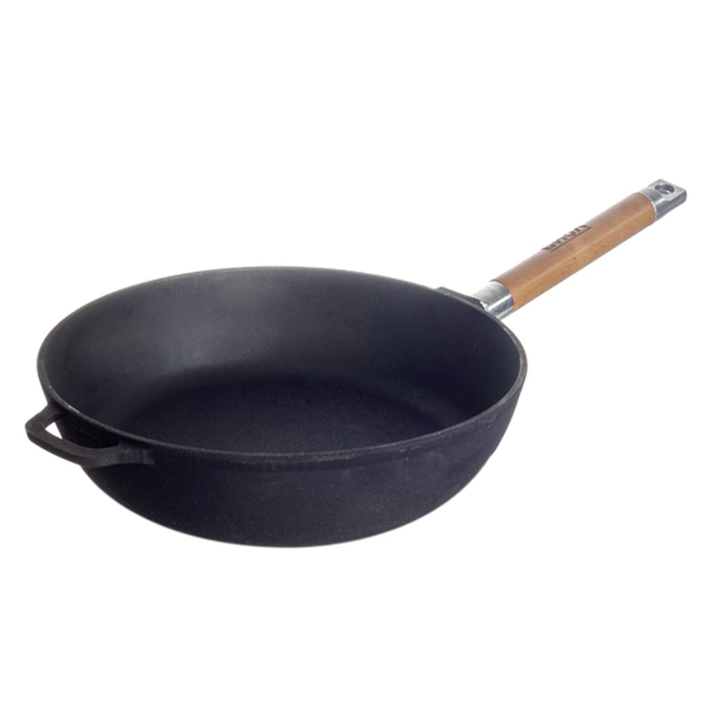 A cast iron frying pan with a wooden handle is shown against a white background.