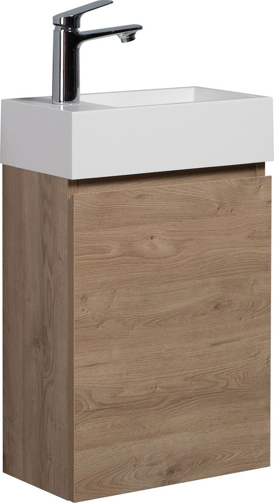 Badplaats Gäste-WC Waschtisch Set Angela 40 x 22 cm Kastanien Eiche - Platzsparend Badmöbel Set mit Waschbecken und Unterschrank, Soft-Close