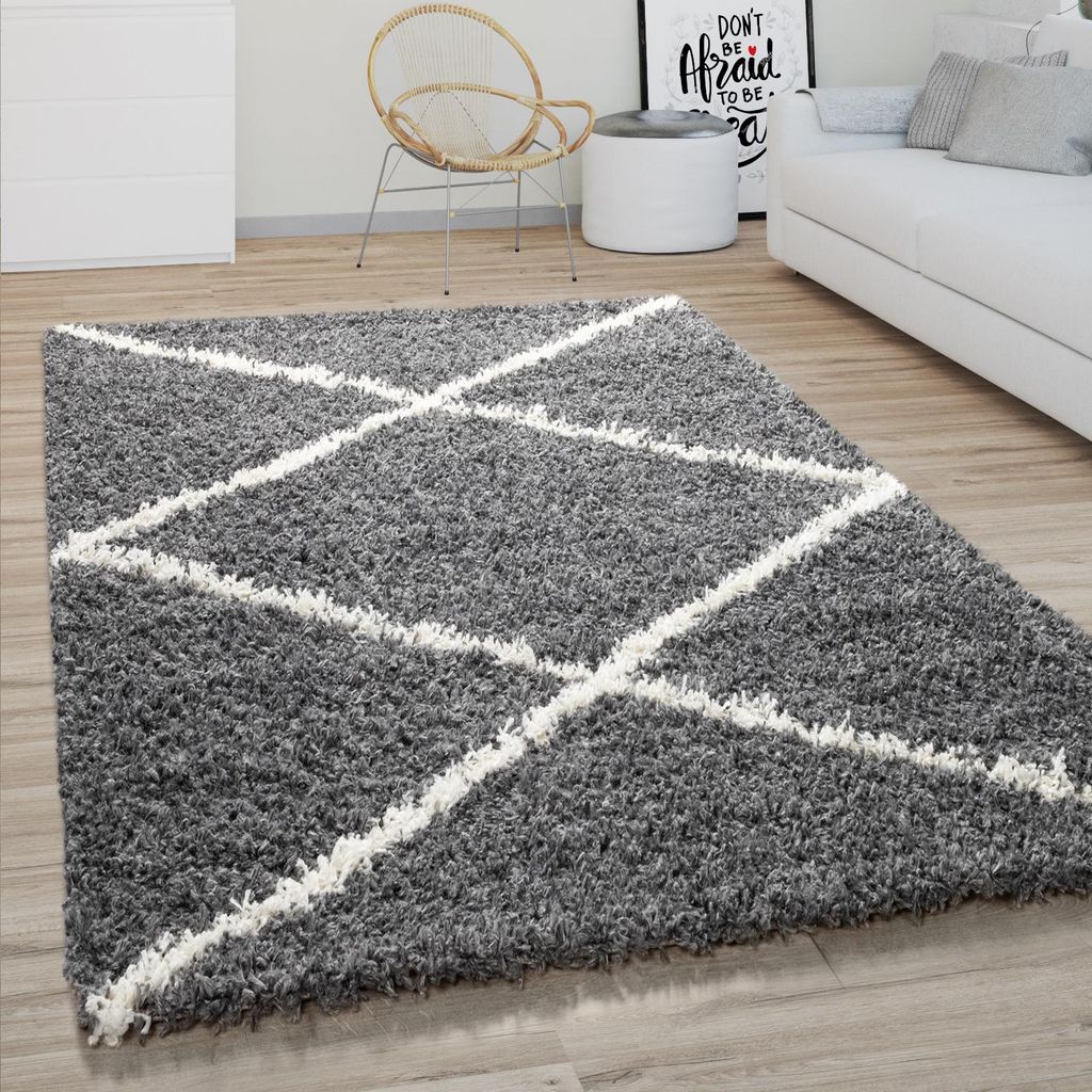 Hochflor Teppich Wohnzimmer Shaggy Skandinavisches Rauten Produktbild 