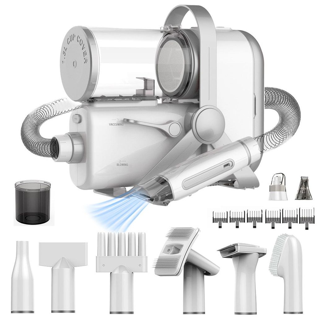 3-in-1 Haustierpflegegerät mit Saugen, Schneiden & Föhnen, 10 Aufsätze, leise, für Hunde & Katzen Zuhause