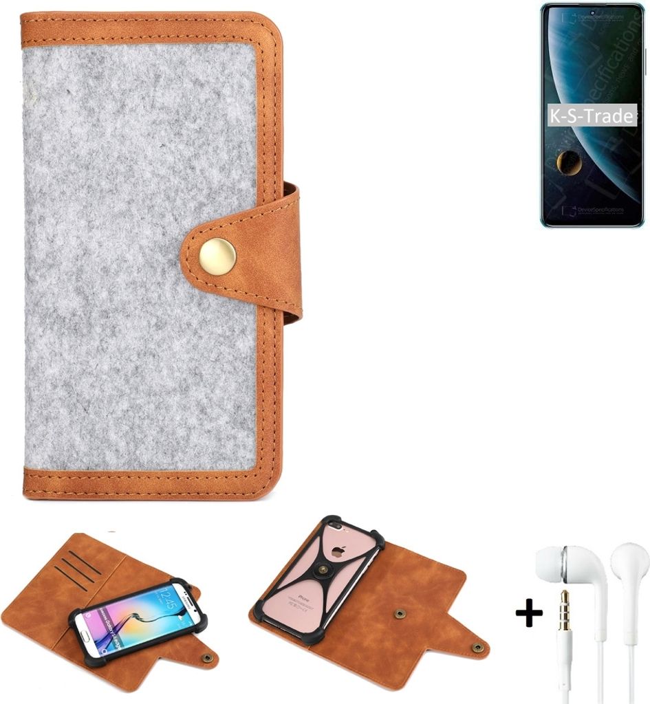 K-S-Trade Handyhülle + Kopfhörer kompatibel mit ZTE Blade V30 Schutzhülle Filz Hülle Kunstleder hellgrau braun (1x)