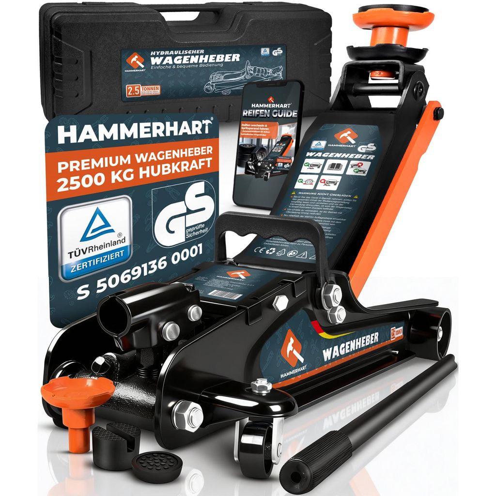 HAMMERHART Hydraulischer Wagenheber 2,5T Premium Rangierwagenheber mit 85-380mm Hubhöhe Wagenheber flach mit 360° Rollen