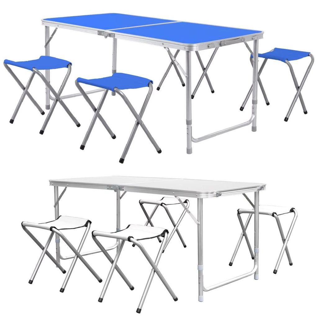 Campingtisch 5-teilig – Klappbar – Klapptisch für Camping und Garten – Zusammenklappbar mit 4 Hockern – Aluminium 120 cm – Blau