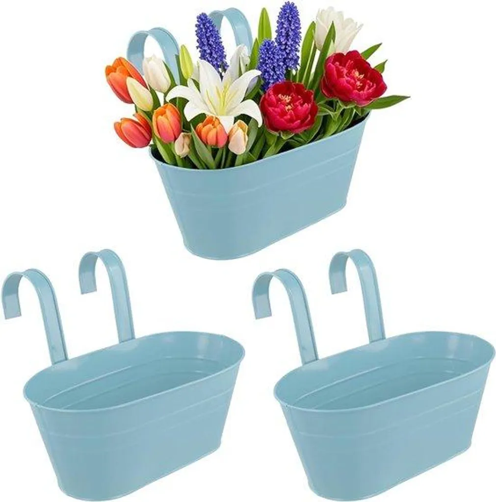 Pots suspendus robustes bleus 28cm avec crochets amovibles - Lot de 3