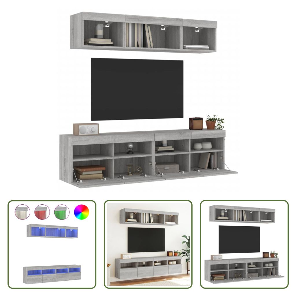The Living Store 5-tlg. Wohnwand mit LED-Beleuchtung Grau Sonoma Holzwerkstoff