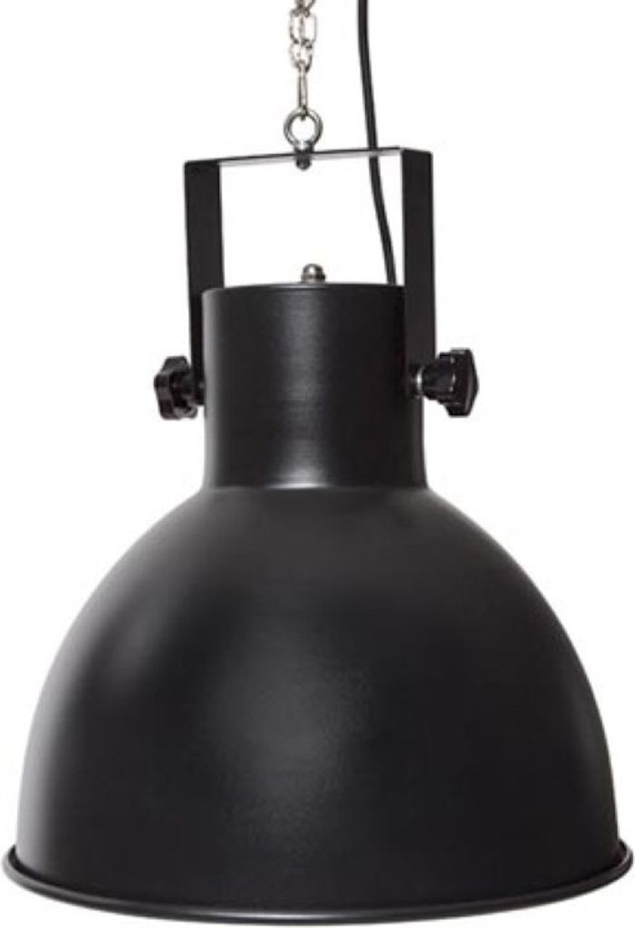 A black hanging lamp with a dome-shaped shade.