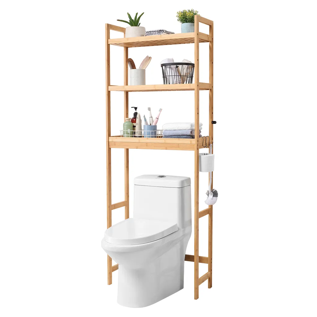 Organisateur WC ajustable en bambou avec 3 crochets de rangement linge