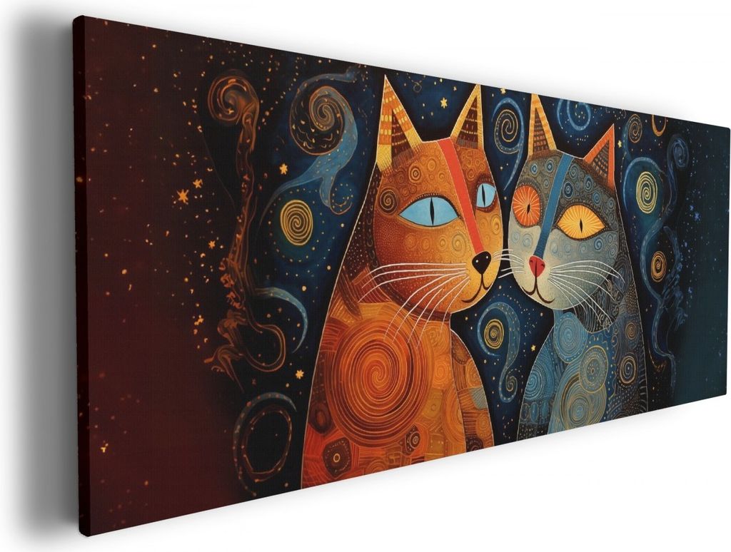 Wallario Premium Leinwandbild Kosmische Katzenfreunde in Größe 50 x 125 cm