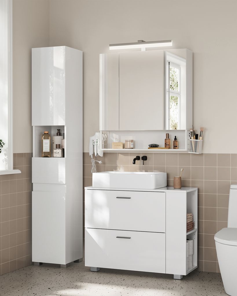 A modern white bathroom vanity and cabinet.