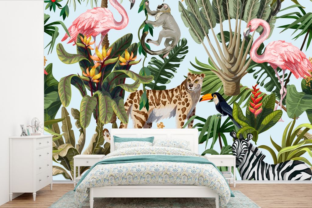 MuchoWow Fototapete für Wohnzimmer oder Schlafzimmer Wandtapete Vinyl Motivtapete Dschungel - Tiere - Mädchen - Kinder - Jungen - Flamingo - Pa...