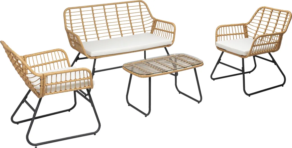 Salon de jardin TIGA 4 places en résine tressée avec coussins crème